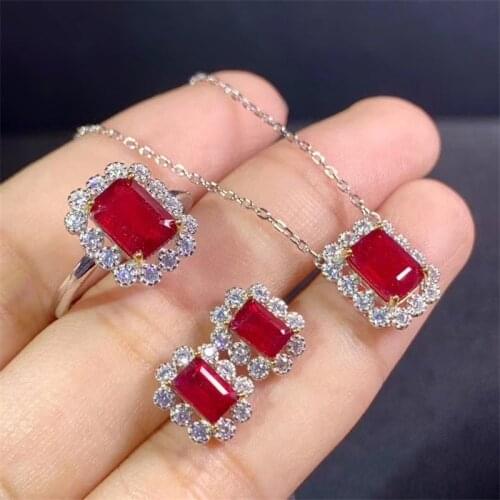 Urmese Burned Ruby Gemstone Fine Wedding Jewelry Sets 925 Silver Earrings Ring Pendant Necklace Three-piece Suite