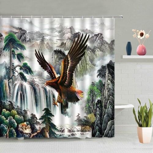 Mountain Water Eagle Bird Shower Curtain Forest Waterfall Scenery Plant Pine Tree Bathroom Curtains Waterproof Bath Screen Decor