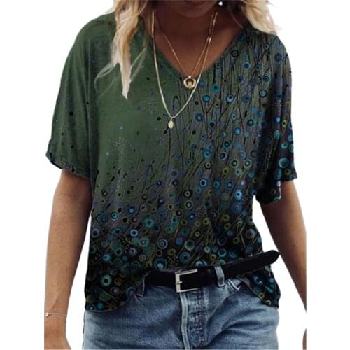 Fashion Floral Print Women T-Shirts Summer Beach Casual Loose Tee Short Sleeve Vintage Tops Big Size Lady V-Neck T-Shirt 5XL Top