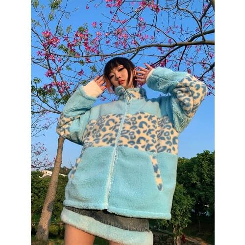 Vintage Spice Girls Pink Leopard Pattern Cashmere Sweatshirt Jackets Winter Loose Casual Zipper Cotton Loose Stitching Coat