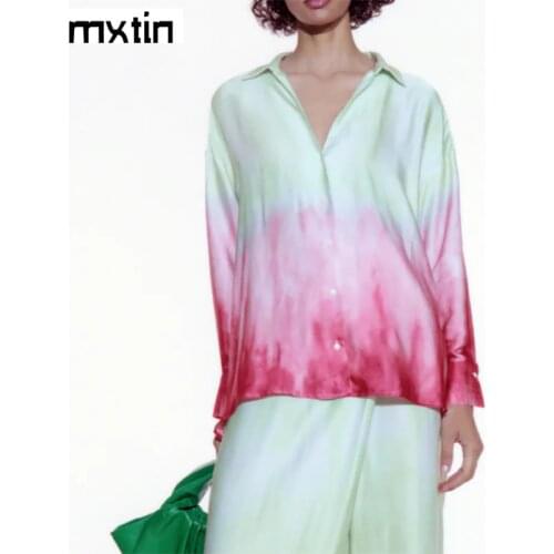 MXTIN 2021 Women Spring Fashion Tie-dye Single Breasted Blouses Vintage Lapel Collar Long Sleeve Female Shirts Casual Chic Tops