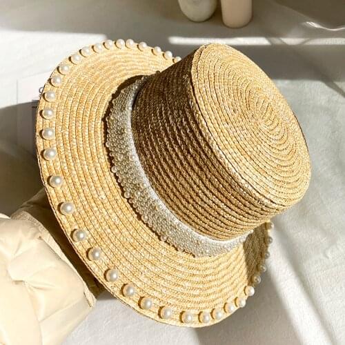 2020 Pearl Decoration RAFFIA Sun Hat for Women Flat Top Jazz Fedoras Panama Summer Straw Hat Brief Blue Girdle Beach Hat Gifts