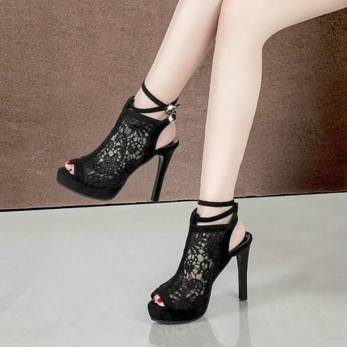 Fish mouth 11CM sandals women summer waterproof platform wild Women black mesh rhinestone hollow out high heels B61-52 JY