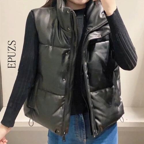 ZA 2021 PU Leather vest jacket Cotton Cropped Padded Waistcoat Vintage Sleeveless Female Outerwear Streetwear