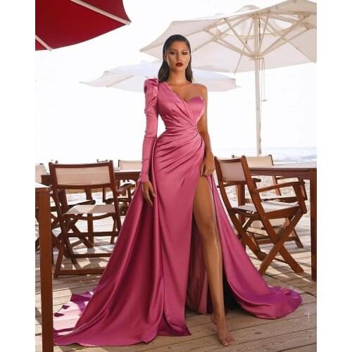 Pink One Shoulder Mermaid Satin Prom Dress With Detachable Train High Side Split African Plus Size Women Evening Gowns