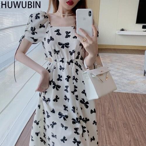 Summer New Style Chic Square Neck French Open Waist Bubble Sleeve Lace Up Bow Print Show Thin Design Sense Minority Dress Women