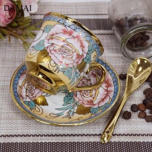Golden Stroke Painted Ceramic Tea Cups Set European Vintage Palace Flowers Decorative Bone China Coffee Cup Office Desktop Mugs