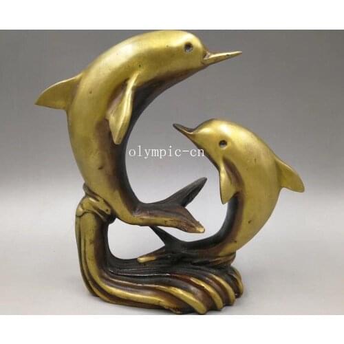 10'' brass copper carved home fengshui decor both two dolphin statue