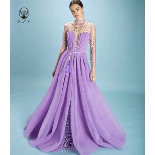 Elegant High Collar Beaded Pearls Lace Pleated Illusion Long Sleeve Light Purple Evening Dresses