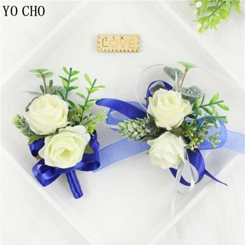 Wrist Corsage Deep Blue Ribbon White Tea Rose Pin Boutonniere Buttonhole Men Boutonnieres Wedding Marriage Prom Accessories