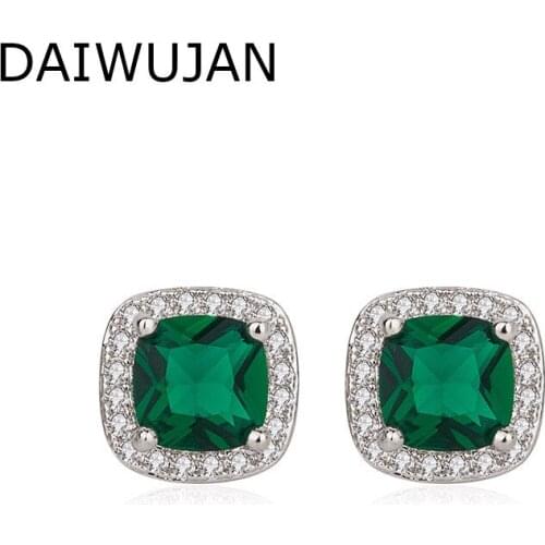 DAIWUJAN Temperament Square Emerald Stud Earrings For Women Luxury Full Diamond 925 Silver Earrings Party Wedding Accessories