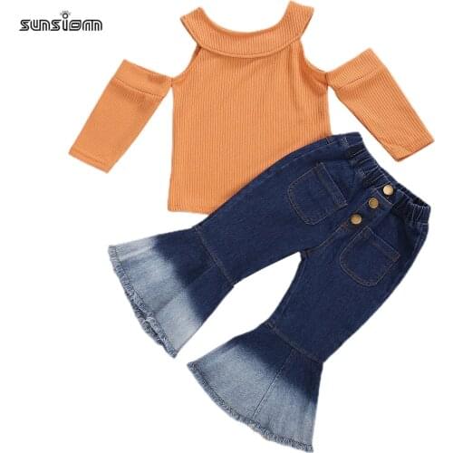 SUNSIOM Fashion Kids Baby Girl Clothes Off-shoulder Knitted Top + Denim Flared Pants Outfits Kids Autumn Clothing 2-8Years
