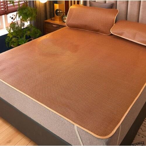 Smooth Rattan Bed Mat Bed Summer Cool Sleeping Mat Breathable Sleeping Mat with Elastic Straps and Pillowcase Bed Protection Pad