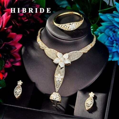 HIBRIDE Long Pendant Gold Color Design Women Bridal Jewelry Set Dress Necklace Earring Jewelry Set For Party Gits N-888