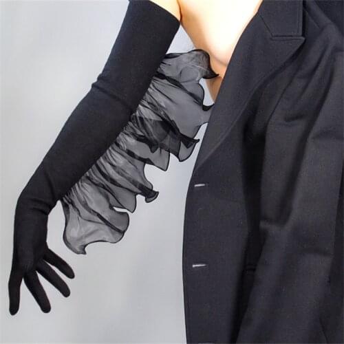 Cashmere Gloves Extra Long 70cm Wool Black Elastic Organza Wave Lace Angel Wings Female Evening Gloves WYR06