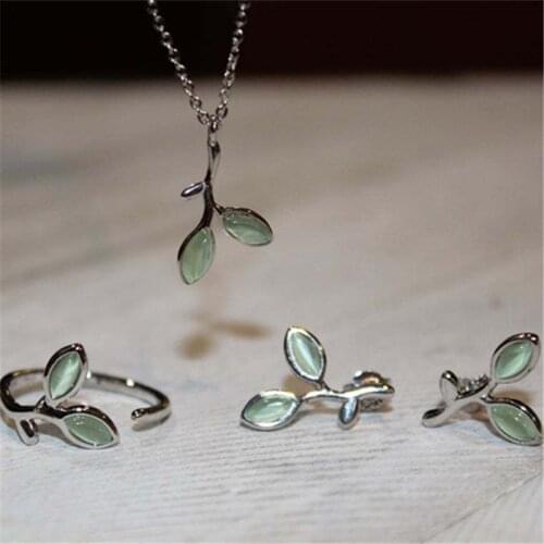 Elegant Lovely Green Leaves Jewelry Sets For Women Forest Tree Branch Opal Plant Leaf Stud Earrings Open Rings Pendant Necklaces