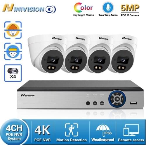 Two Way Audio Color Night Vision POE Monitoring Security Cameras Set 5MP Outdoor CCTV Video Surveillance System 4ch 4K NVR Kit