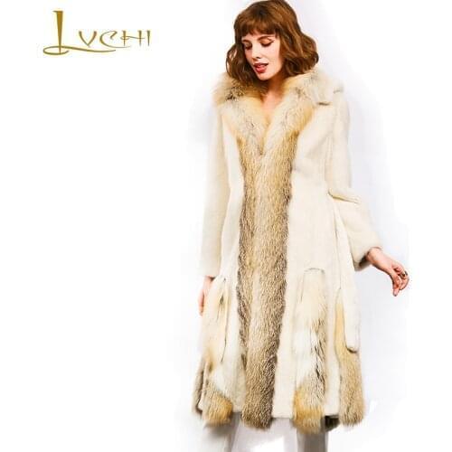 LVCHI Winter 2019 Imported Denmark Crown Velvet Mink Coat Womens Patchwork Sashes Mink Coat Slim With Fox Fur Collar Mink Coats