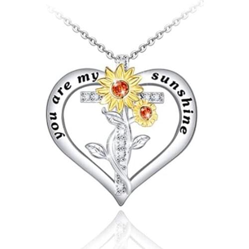 Fashion Women Heart Shape Pendant Necklace Cross Sunflower Choker Link Chain Necklace You Are My Sunshine Jewelry Gift For Lady