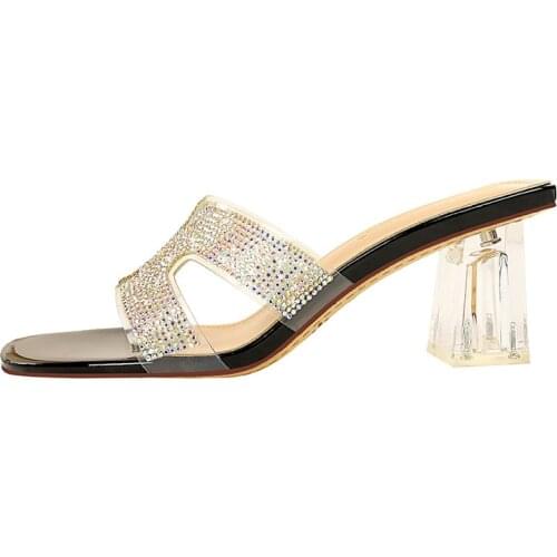 Korean fashion everyday womens sandals transparent heel thick heel delicate high heel hollow transparent diamond slippers