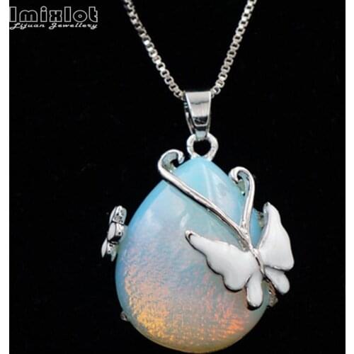 Fashion Waterdrop Synthetic Opal Pendant Necklace with Butterfly Silver Color Chain Necklaces Pendants For Women Jewelry