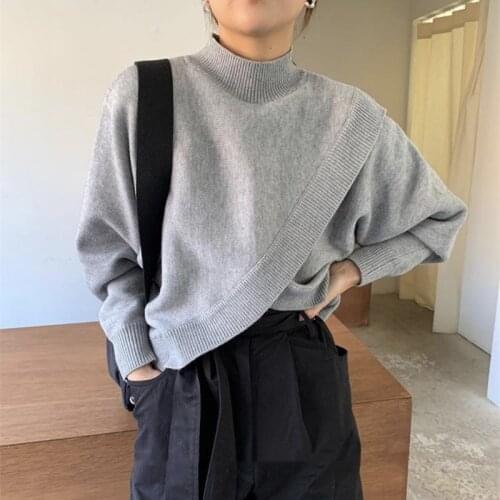 Fashion Half-turtleneck Women Sweater Jumpers 2021 Autumn Winter Knitwear Cross Split Loose Female Knitted Pullovers