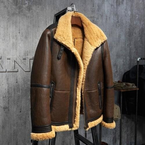 Mens Shearling Jacket B3 Flight Jacket Short Fur Leather Jacket Imported Wool From Australia Mans Sheepskin Aviator Fur Coat