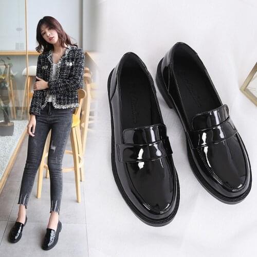 British patent leather oxford shoes woman new spring derby flats shallow mouth chunky brogues women flat shoes chaussure femme