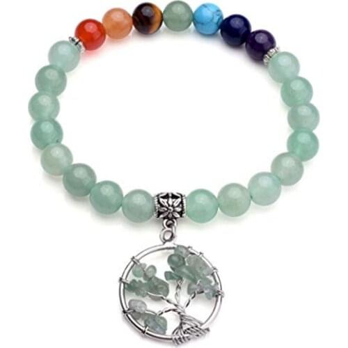 FYSL Silver Plated Tree of Life Connect Green Aventurine Beads Elastic Bracelet Healing Chakra Tiger Eye Stone Jewelry