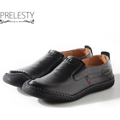 Prelesty Handmade Men Cuasual Shoes Slip on Daily Work Dad Tough Outdoor Flats Genuine Cow Leather Urban Driving Drop Shipping
