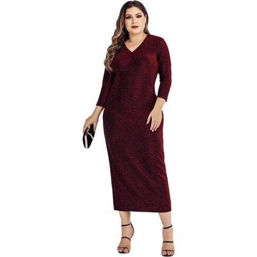 Sequins V-Neck Luxurious Evening Dress Full Sleeves Ankle-Length Mermaid Zipper Back Simple Plus Size Women Formal Gowns D913