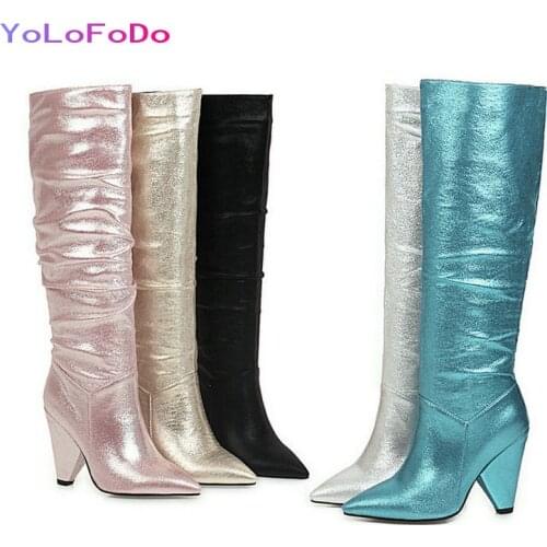2021 Bling Women Knee High Boots Fashion Pointed Toe Spike High Heel Ladies Calf Boots Pleated Slip on Womens Shoes Plus Size