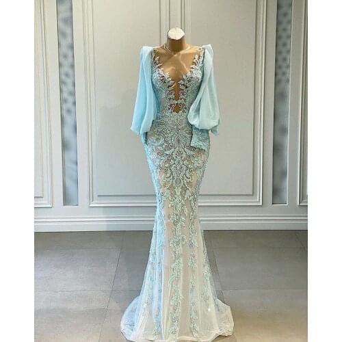 Light Sky Blue 2021 Mermaid Prom Dresses Sheer Neck Lace Appliqued Beaded Long Sleeve Women Plus Size Formal Evening Gowns
