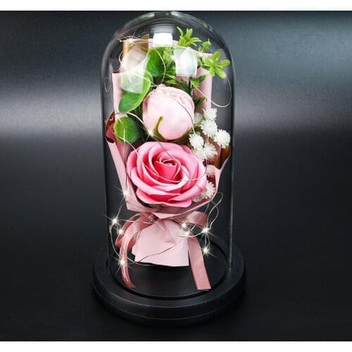 Eternal Rose Preserved Flowers LED Light In Glass Cover With Fairy String Lights In Dome For Christmas Valentines Day Gift