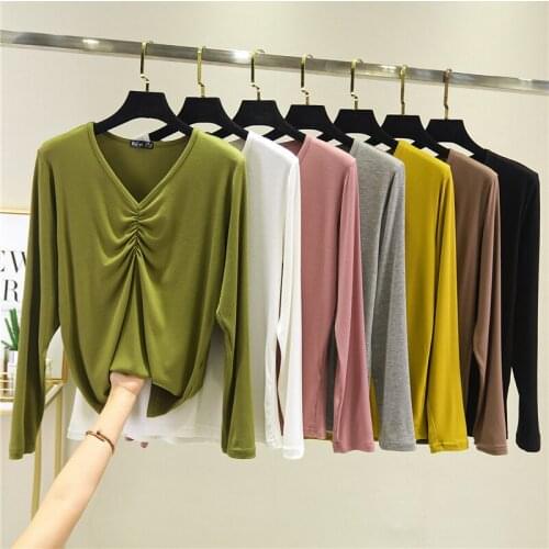 Spring Modal Shirt Womens Thin V-neck Slim-Fit Western Style Top Plus Size Slim Thin Long-Sleeved T Shirt Tee Tees T-shirts