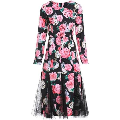 High Quality 2019 Fashion Womens Dress New Rose Clock Printing Round Neck Stitching Mesh Large Pendulum Dresses Spring Summer