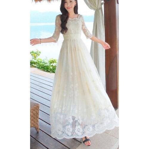 High Quality 2021 Summer Autumn New Arrival Flower Embroidery Three-quarter Sleeve Woman Long Lace Gauze Dress