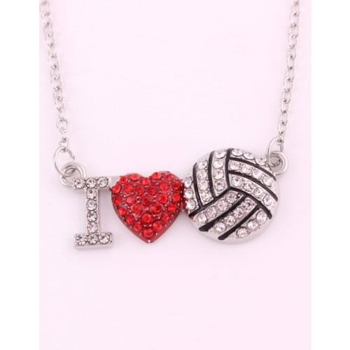 I Love You Silver Plated Crystal Red Heart Volleyball Ball Pendant Necklace Jewelry for Girlfriend