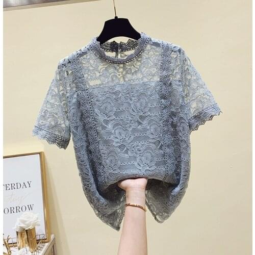 Lace Hollow Out Women Blouse Summer New 2021 O-Neck Short-Sleeved Solid Female Pulls Outwear Tops