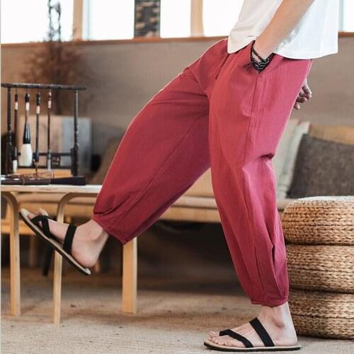 Japan Style Men Ankle Length Pants Cotton Linen Wide Leg Pants Casual Loose Solid Drawstring Trousers Plus Size M-7XL