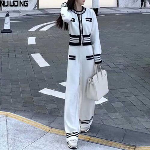 Retro Autumn Women Knitted Two Piece Sport Suits Female Striped Wide Leg Pants And Knitted Jacket Tops 2 PCS Woman Sweater Sets
