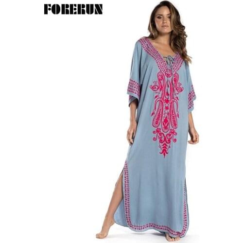 FORERUIN Summer Beach Dress Women Folk Style Embroidery White Dresses Long Bikini Swimsuit Cover Up Cotton Pareos De Playa Mujer