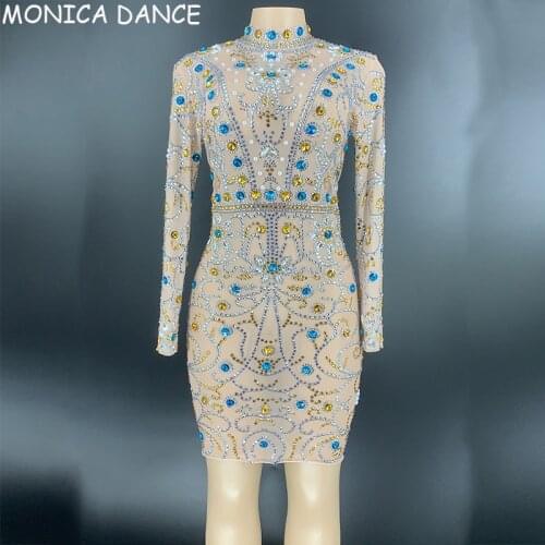 Women Sexy Stage Blue Gold Stones Transparent Dress Women Birthday Celebrate Outfit Dress Stage Wear Dancer Dress