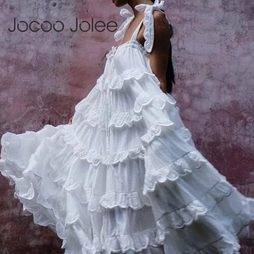 Jocoo Jolee Women Elegant Strap Backless Loose Long Dress Casual Sweet Lace Ruffles Midi Dress Vintage White Vestidos Mujer