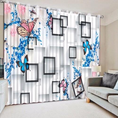 3D Curtain Plaid Blue Butterfly Flower Curtains For Bedroom Custom Any Size 3D Curtain Blackout Curtain Living Room