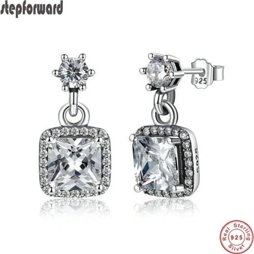 925 Authentic Silver Square AAA Zircon Stone Dazzling Hanging Earring Stud Earrings For Women Elegant Wedding Jewelry