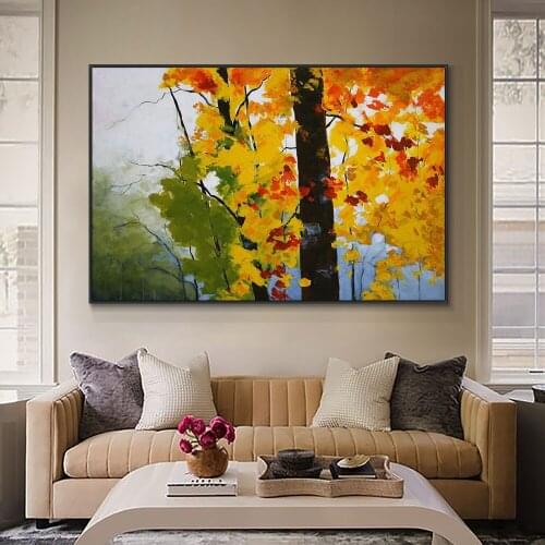 Abstract Trees With Yellow And Green Leaves Painting 100% Hand Painted Oil Painting On Canvas Landscape Wall Art For Home Decor