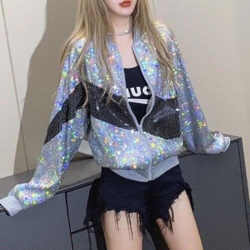 Sequined Net Red Baseball Uniform Womens New Loose Korean Version of Spring and Autumn Sparkling All-match Short Jacket