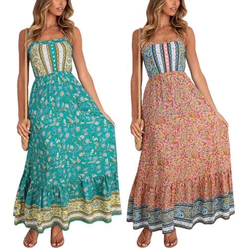 Women Big Hem Slip Dress for Female Floral Printed Pattern Boat Neck Sleeveless Party Lake Green/ Dark Pink