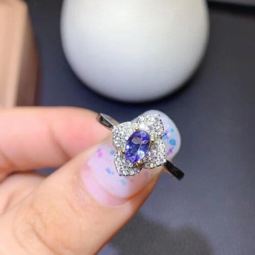 Elegant exquisite Four leaf grass Natural blue tanzanite Ring S925 Silver Natural Gemstone Ring Womens party gift fine Jewelry